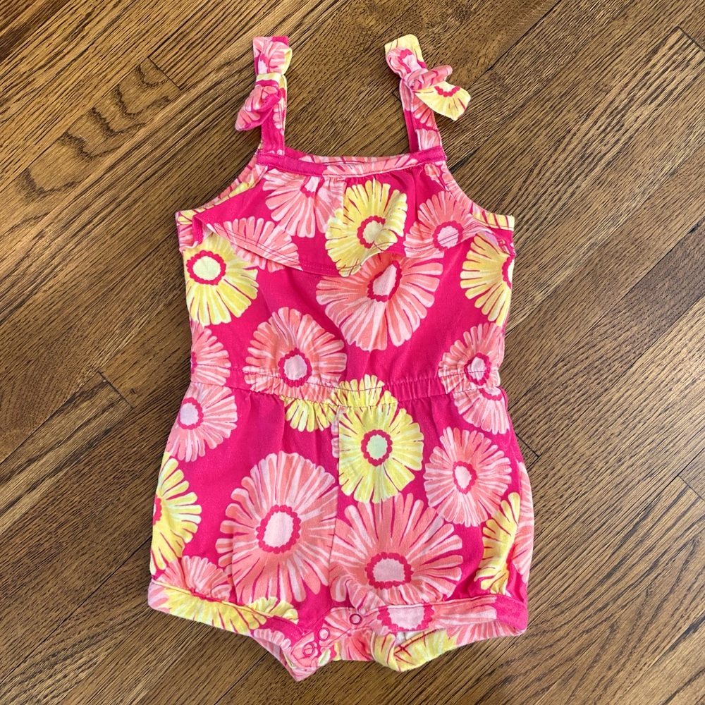 Gymboree Girls 12-18 Month Bright Pink and Yellow Flower Romper